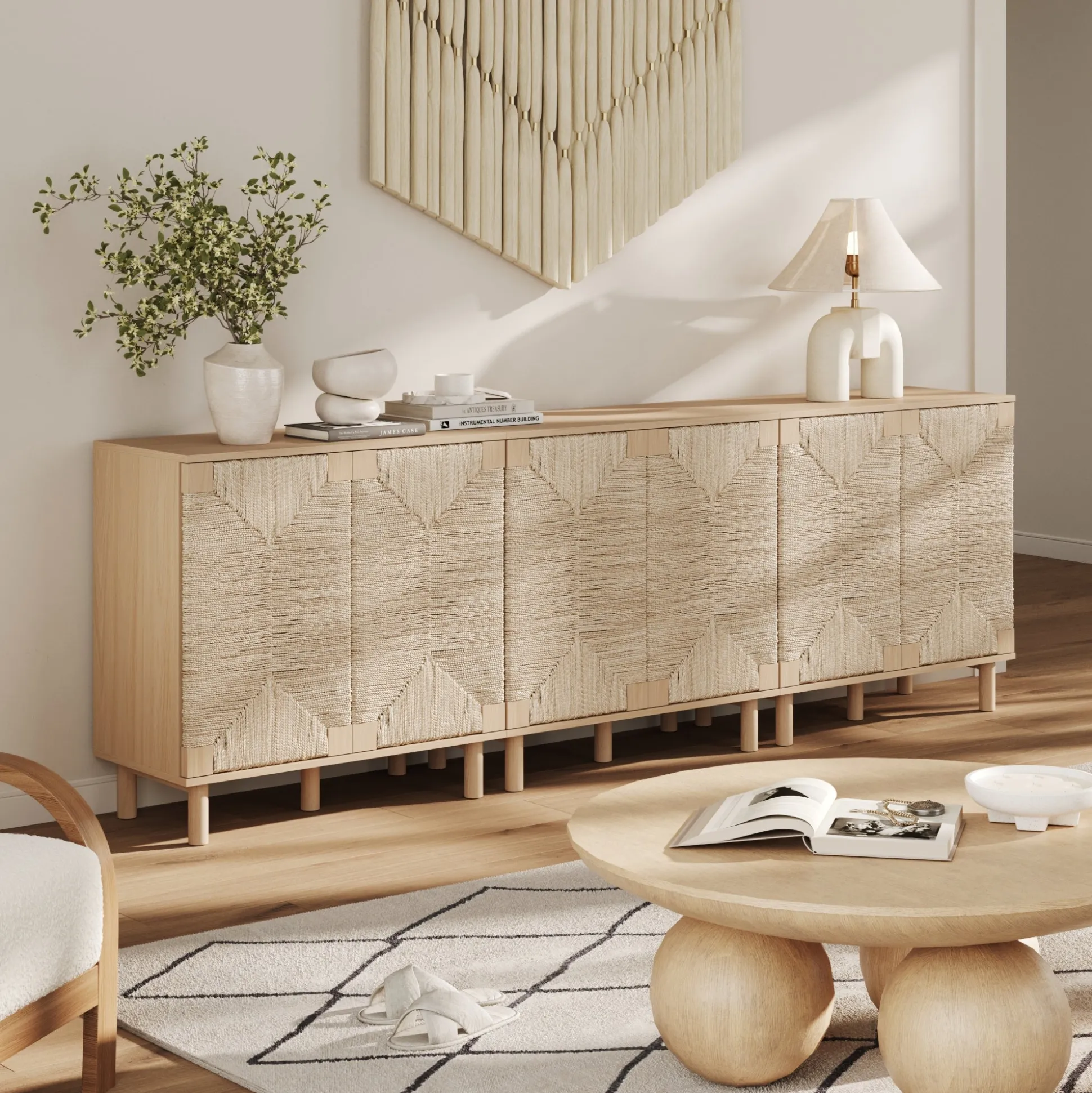 Wood TV Console for TVs up to 75" with Seagrass Doors Raw Oak