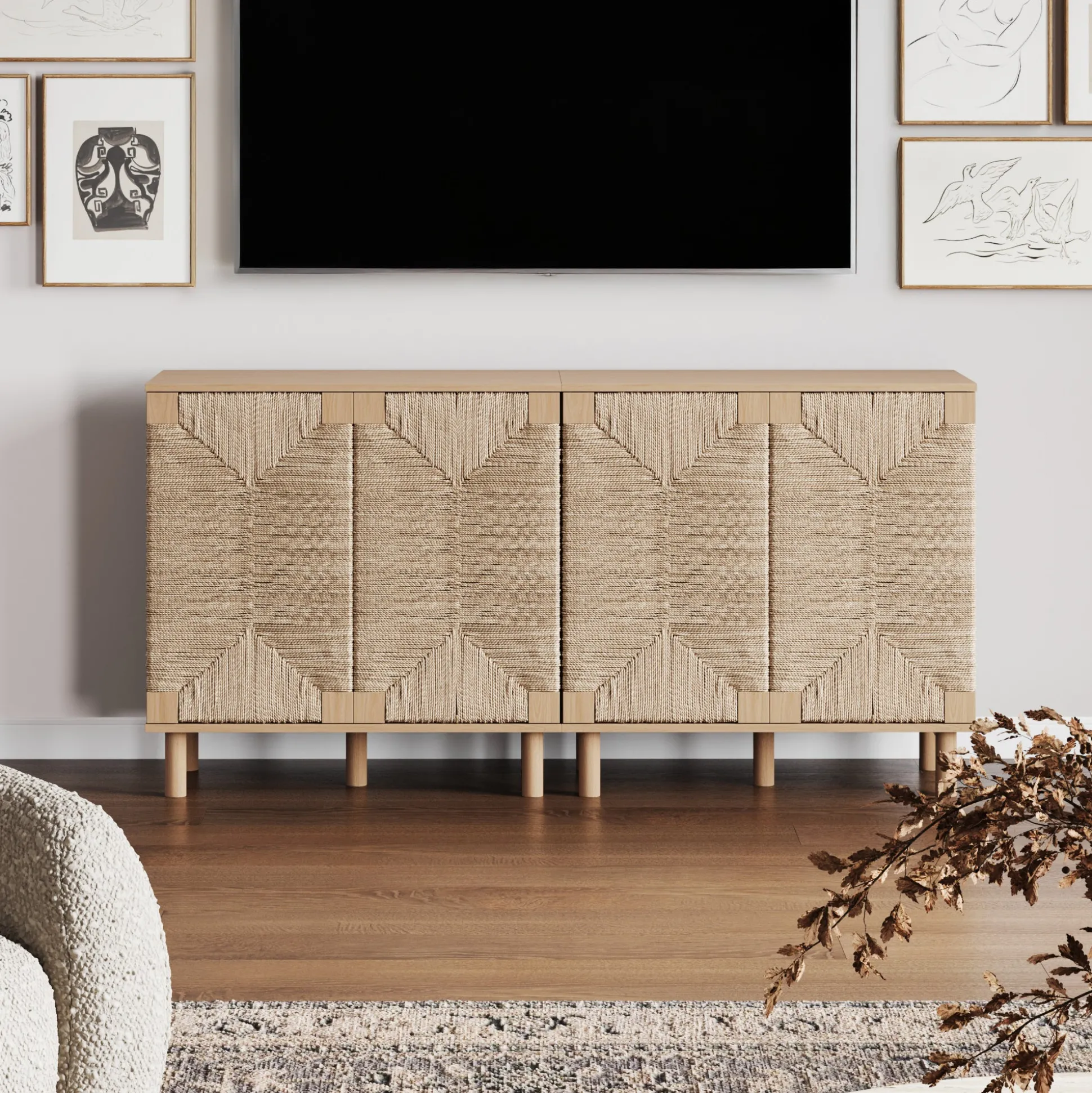 Wood TV Console for TVs up to 65" with Seagrass Doors Raw Oak