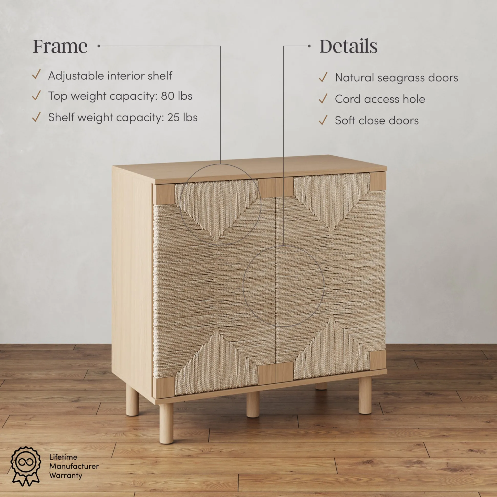 Wood TV Console for TVs up to 100" with Seagrass Doors Raw Oak