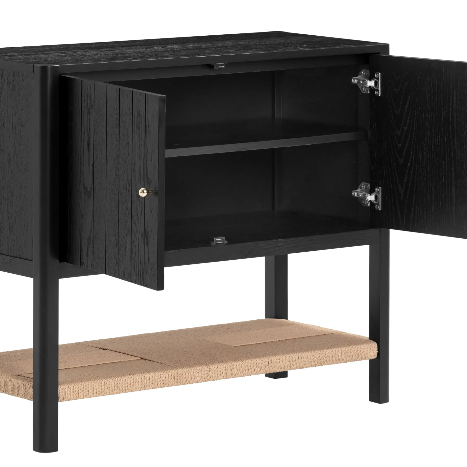 Wood TV Console with Open Seagrass Shelf for TVs up to 100" Black Oak