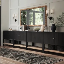 Wood TV Console with Open Seagrass Shelf for TVs up to 100