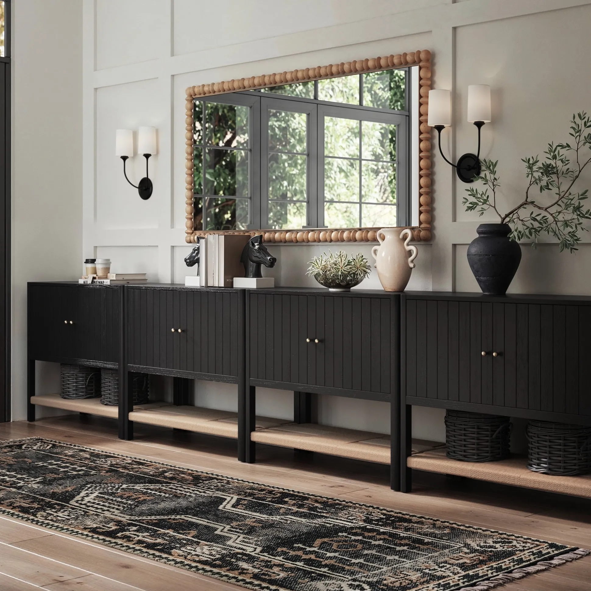Wood TV Console with Open Seagrass Shelf for TVs up to 100" Black Oak