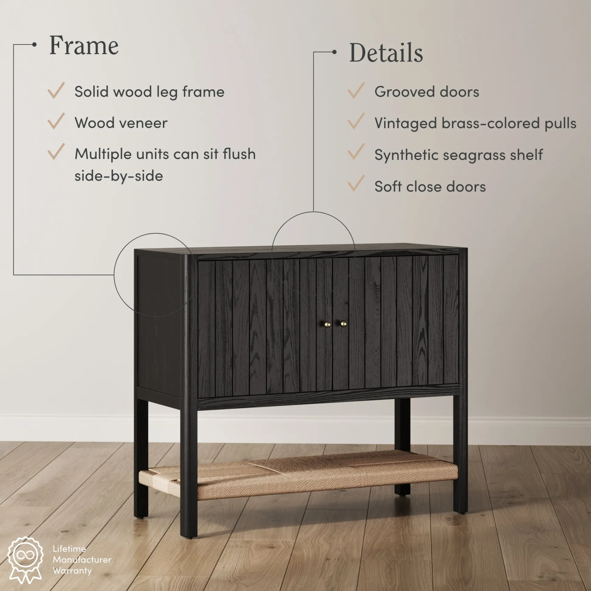 Wood TV Console with Open Seagrass Shelf for TVs up to 100" Black Oak