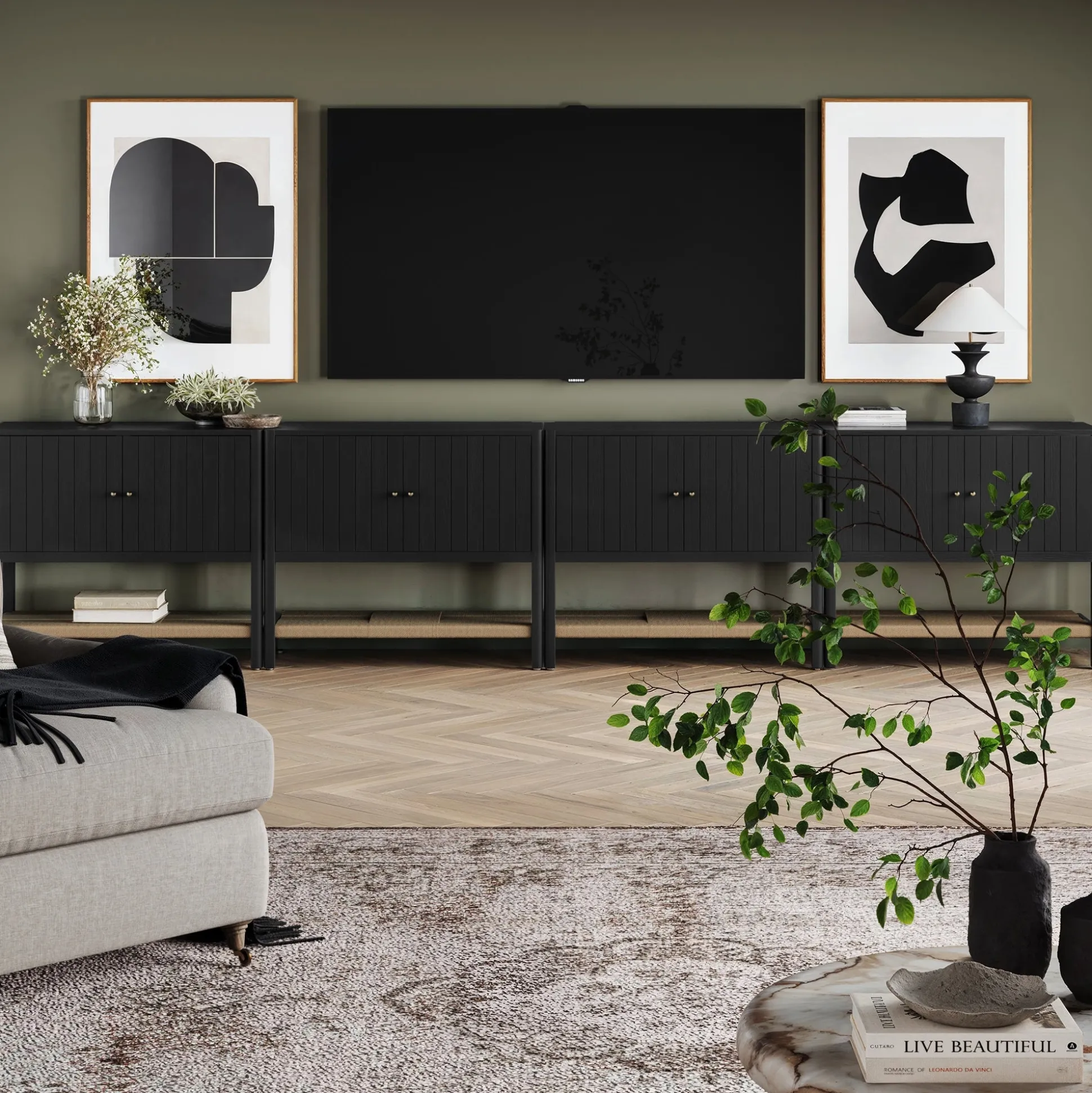 Wood TV Console with Open Seagrass Shelf for TVs up to 100" Black Oak