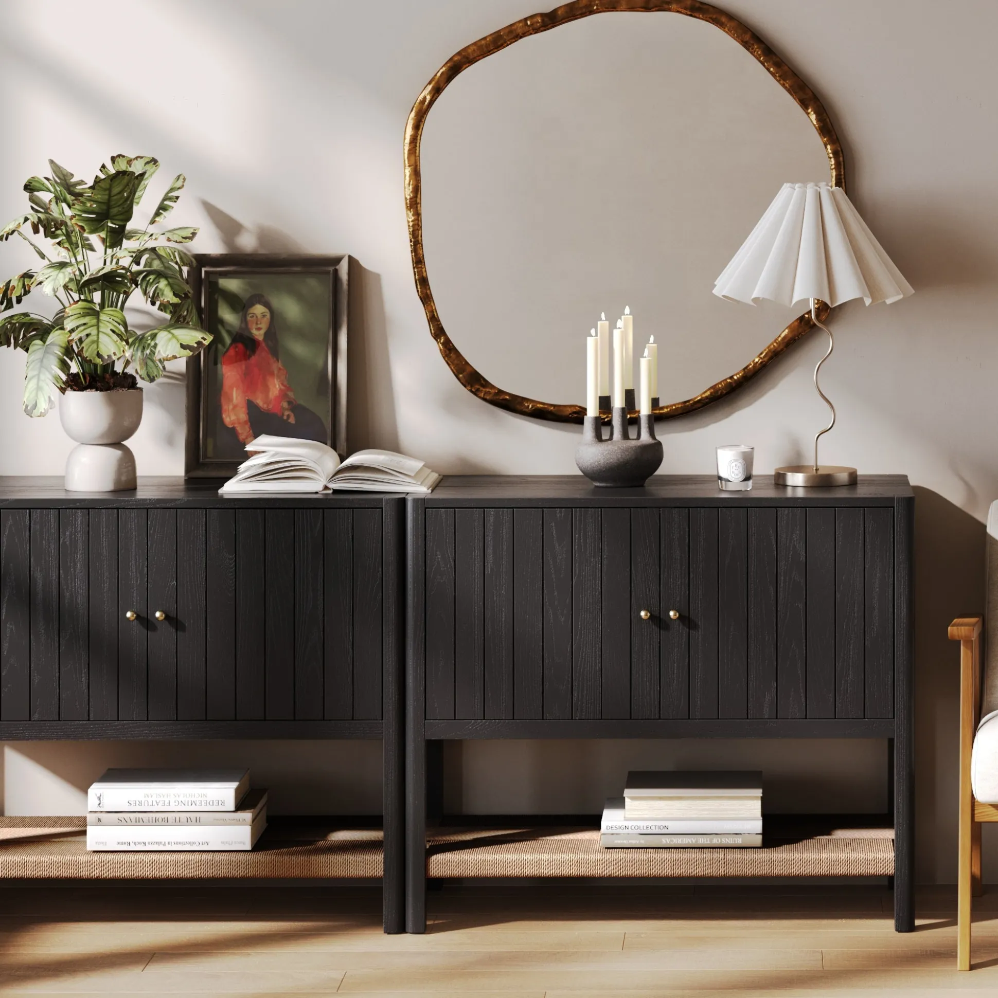 Wood TV Console with Open Seagrass Shelf for TVs up to 100" Black Oak