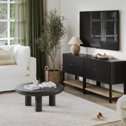 Wood TV Console with Open Seagrass Shelf for TVs up to 65" Black Oak