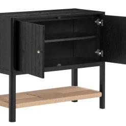 Wood TV Console with Open Seagrass Shelf for TVs up to 65" Black Oak