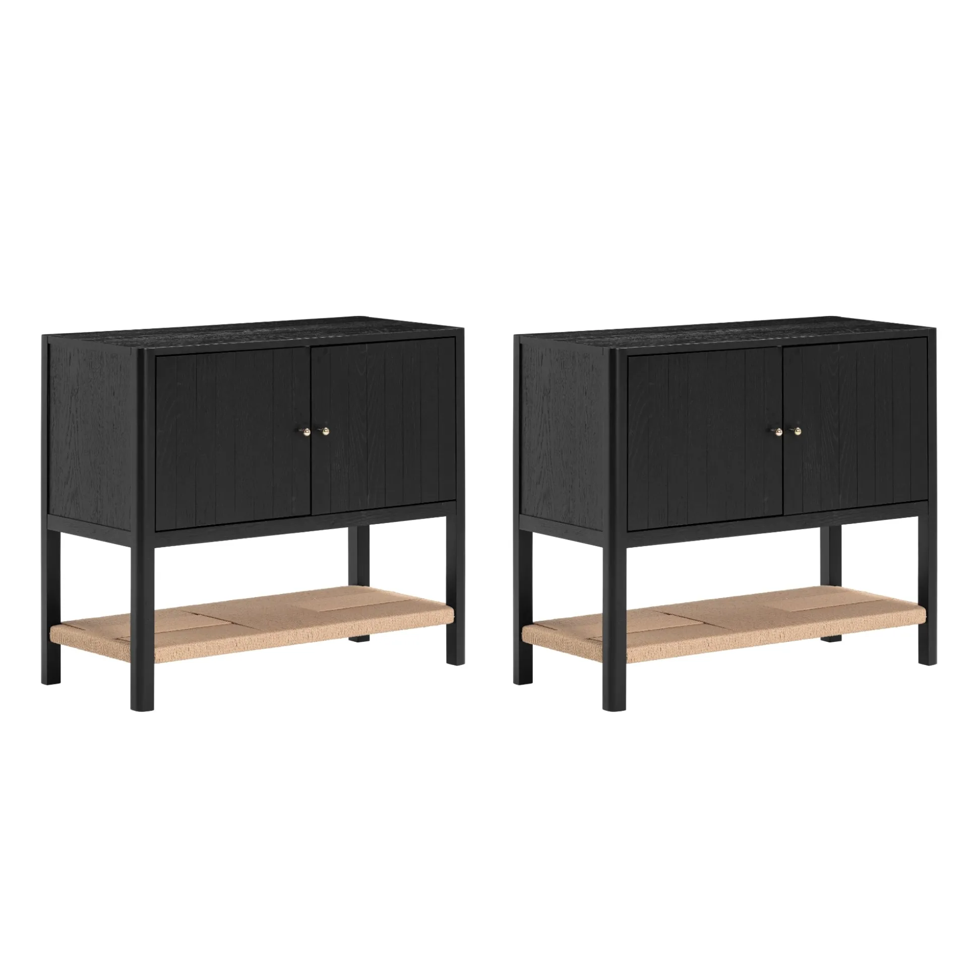 Wood TV Console with Open Seagrass Shelf for TVs up to 65" Black Oak