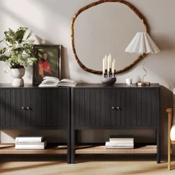 Wood TV Console with Open Seagrass Shelf for TVs up to 75" Black Oak