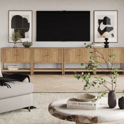 Wood TV Console with Open Seagrass Shelf for TVs up to 100" Light Brown