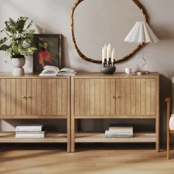 Wood TV Console with Open Seagrass Shelf for TVs up to 100