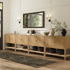 Wood TV Console with Open Seagrass Shelf for TVs up to 100