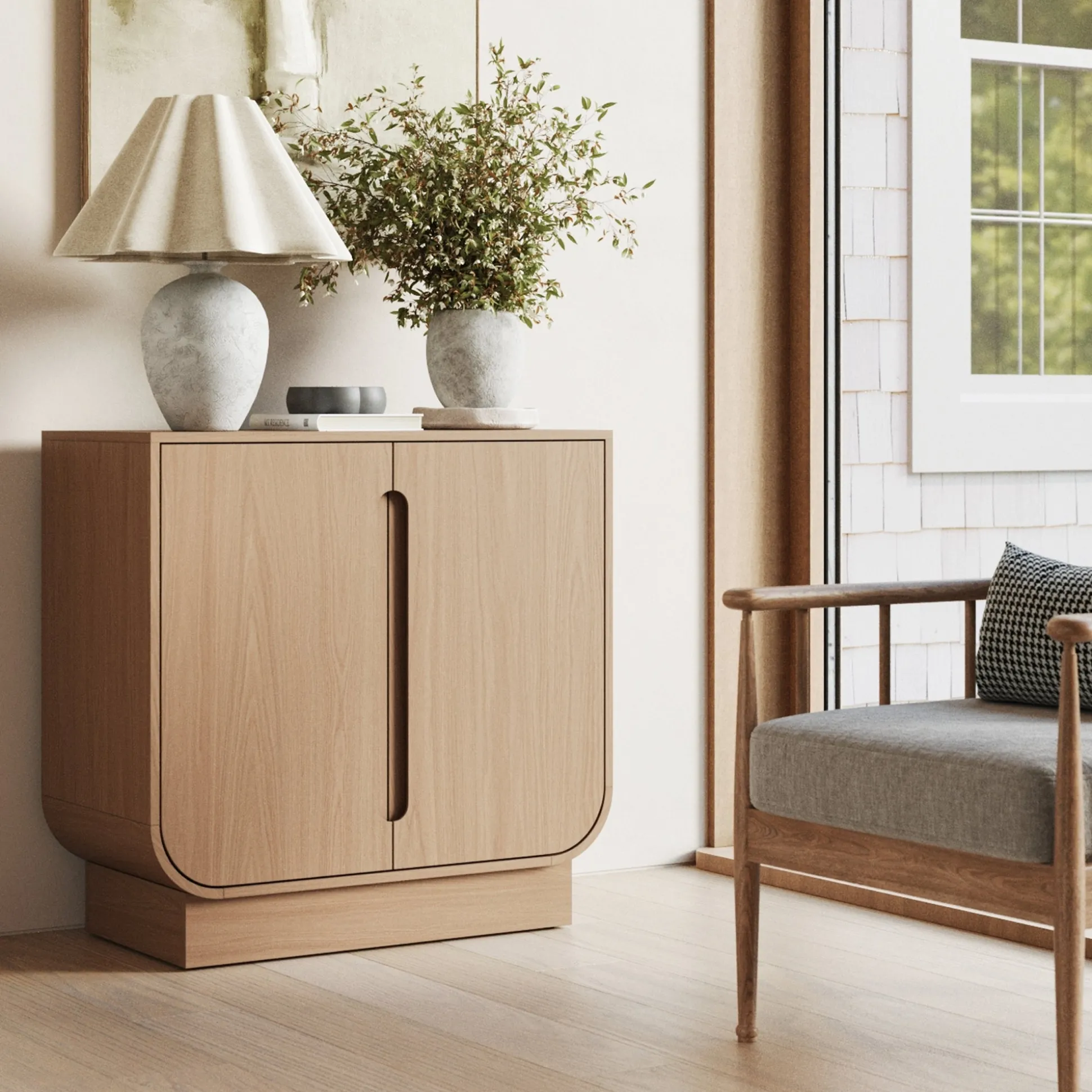 Wood Veneer Arched Accent Cabinet Raw Oak