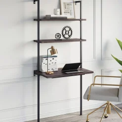 Wood Wall Mount Ladder 2-Shelf Desk Nutmeg