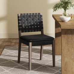 Woven Faux Leather Dining Chair Black