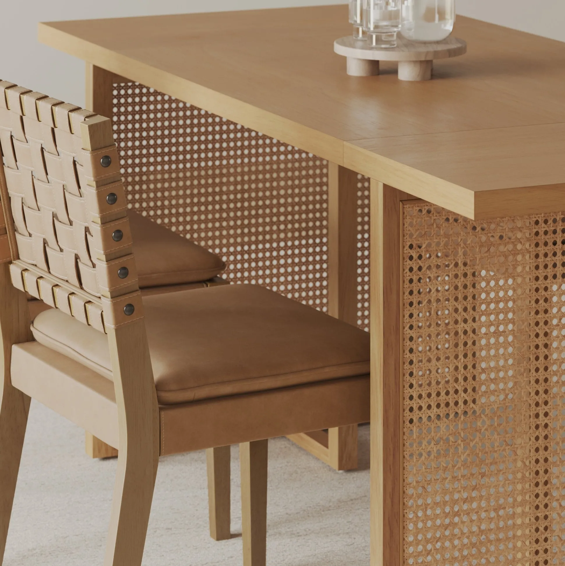 Woven Faux Leather & Rattan Dining Set (6 Chairs)