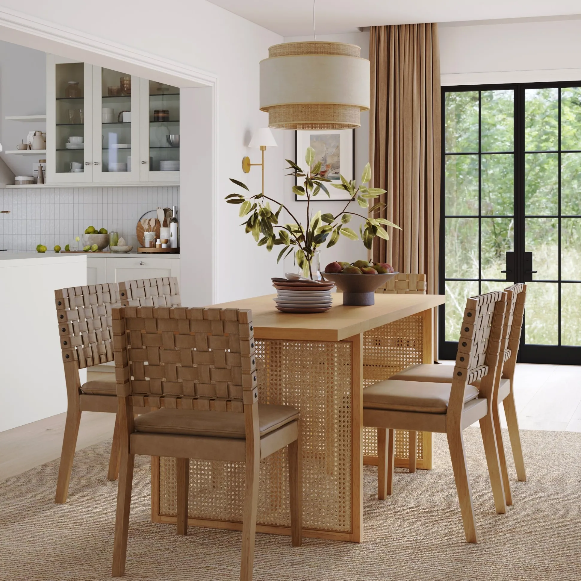 Woven Faux Leather & Rattan Dining Set (6 Chairs)