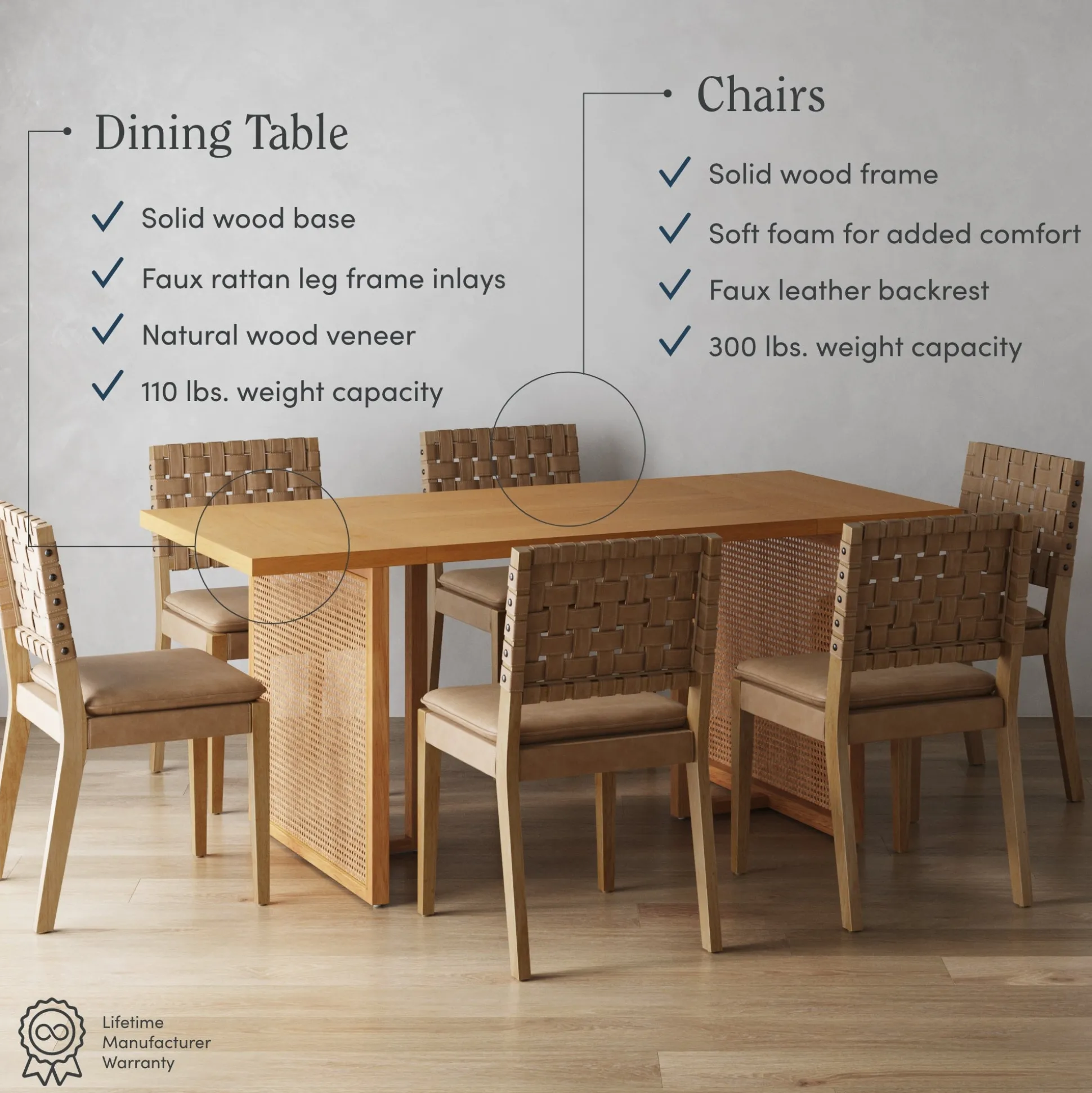 Woven Faux Leather & Rattan Dining Set (6 Chairs)