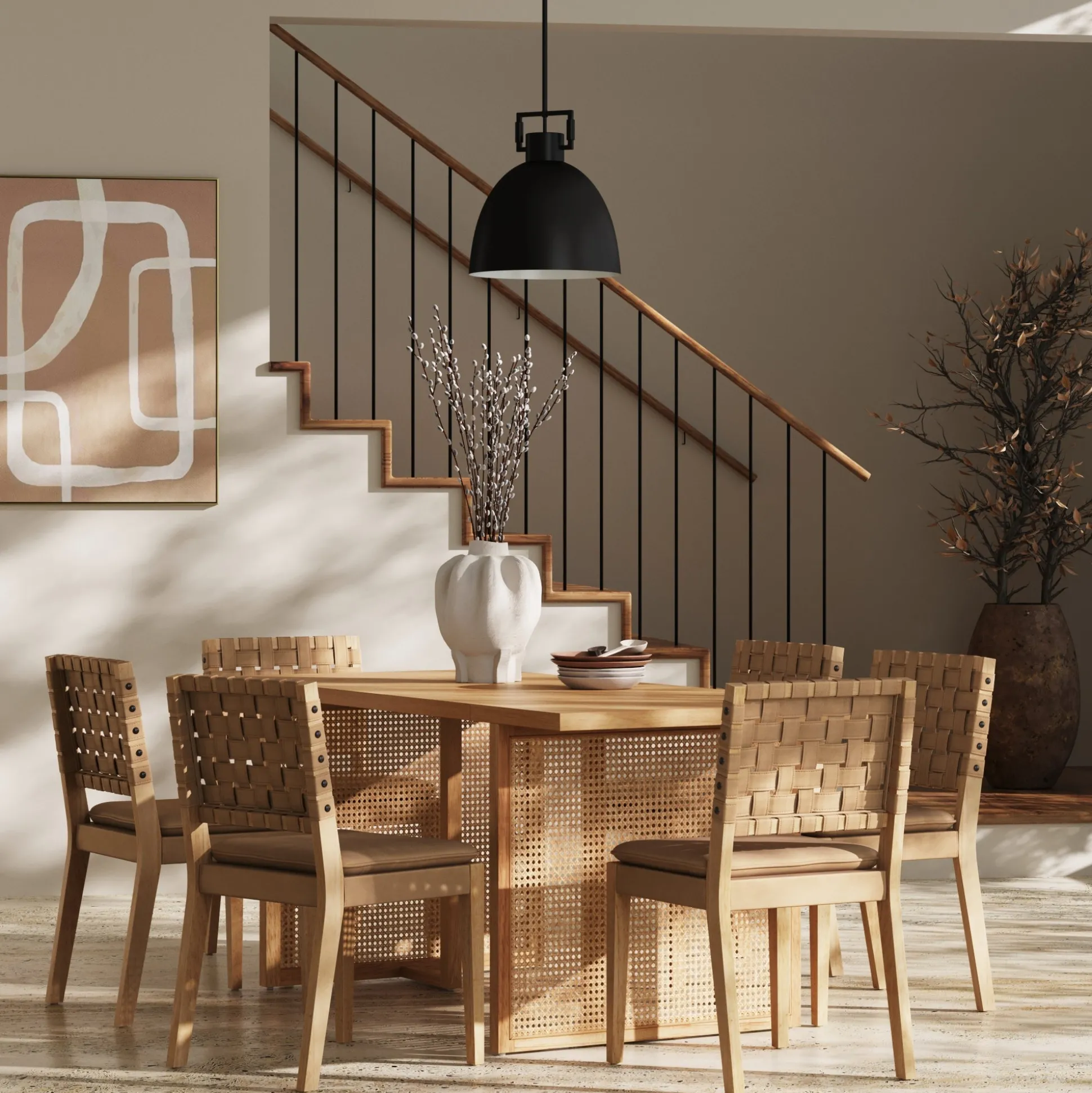 Woven Faux Leather & Rattan Dining Set (6 Chairs)