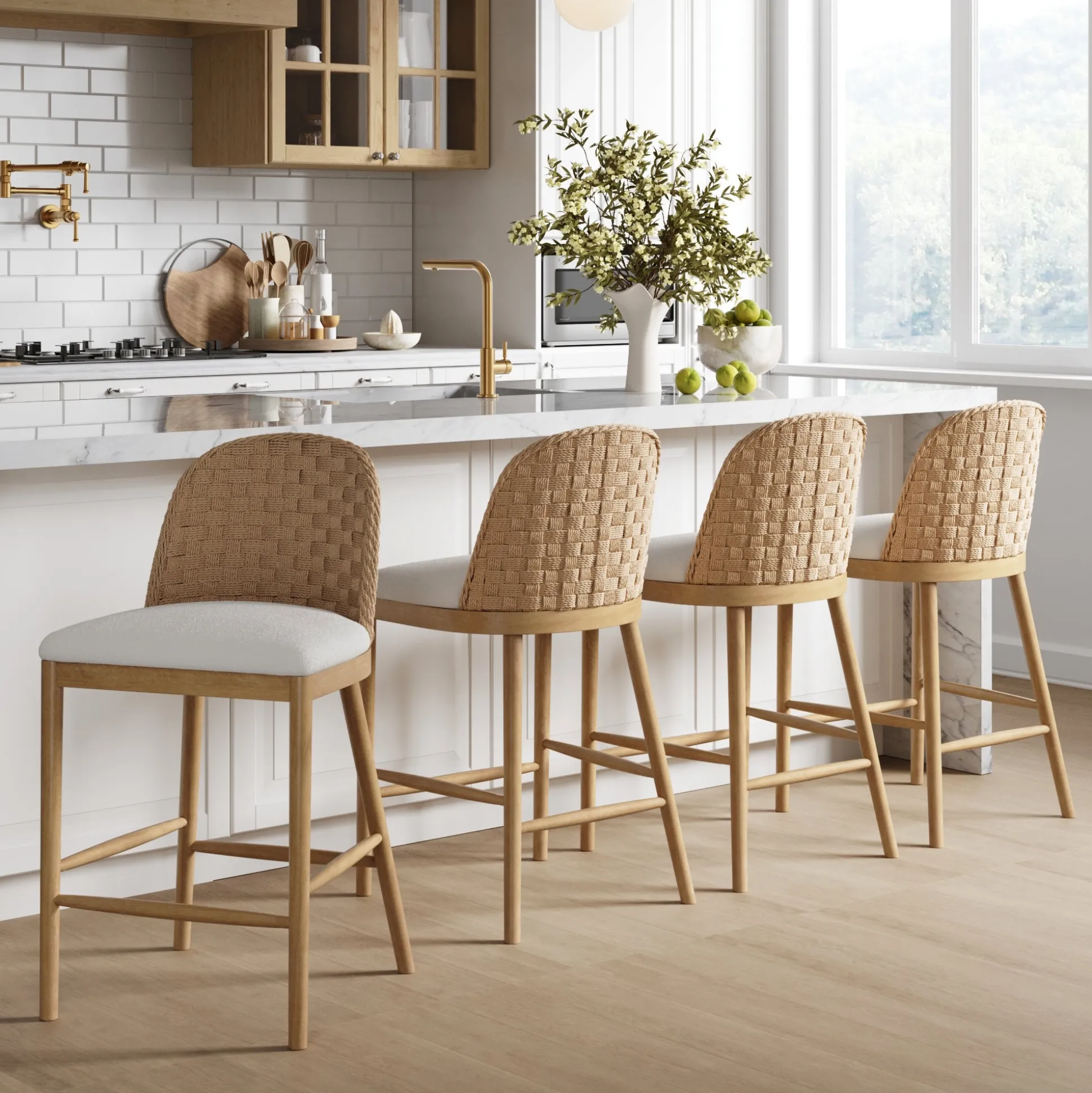Woven Seagrass Back & Boucle Counter Bar Stool Light Brown (Set of 4)