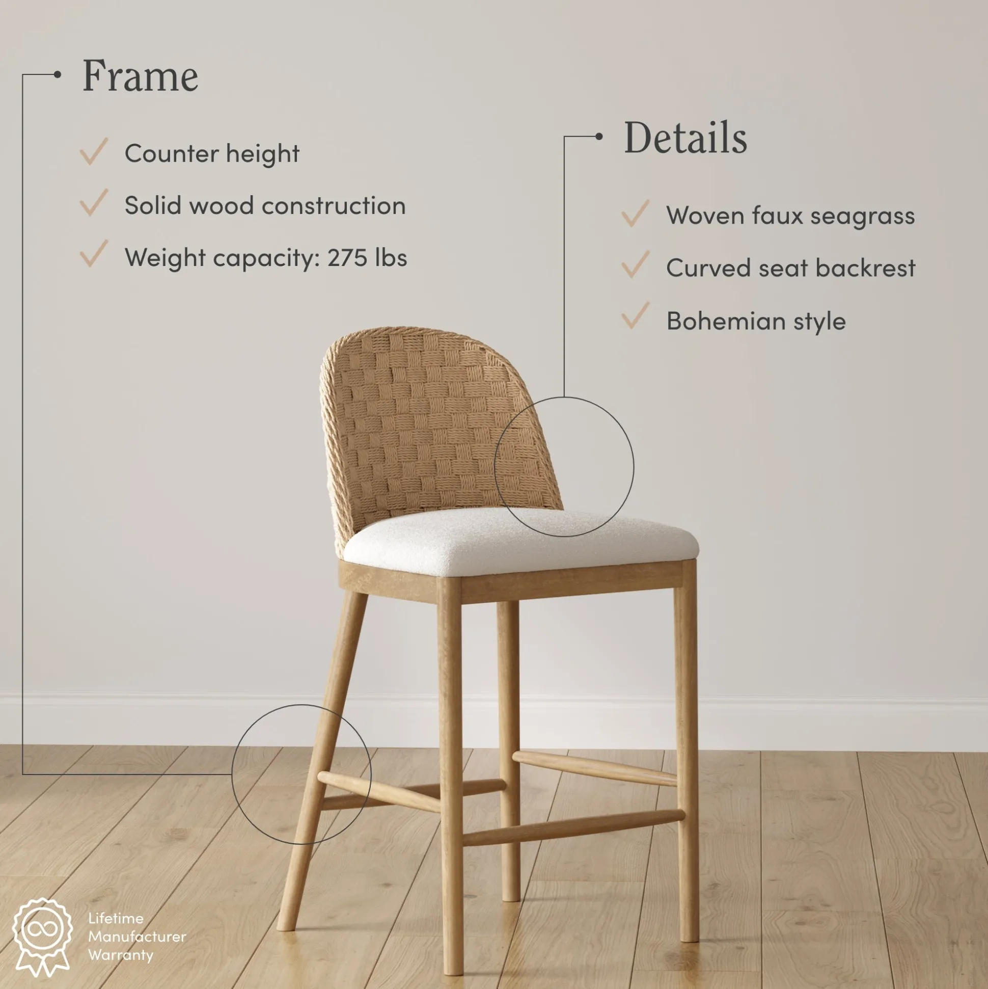 Woven Seagrass Back & Boucle Counter Bar Stool Light Brown (Set of 4)